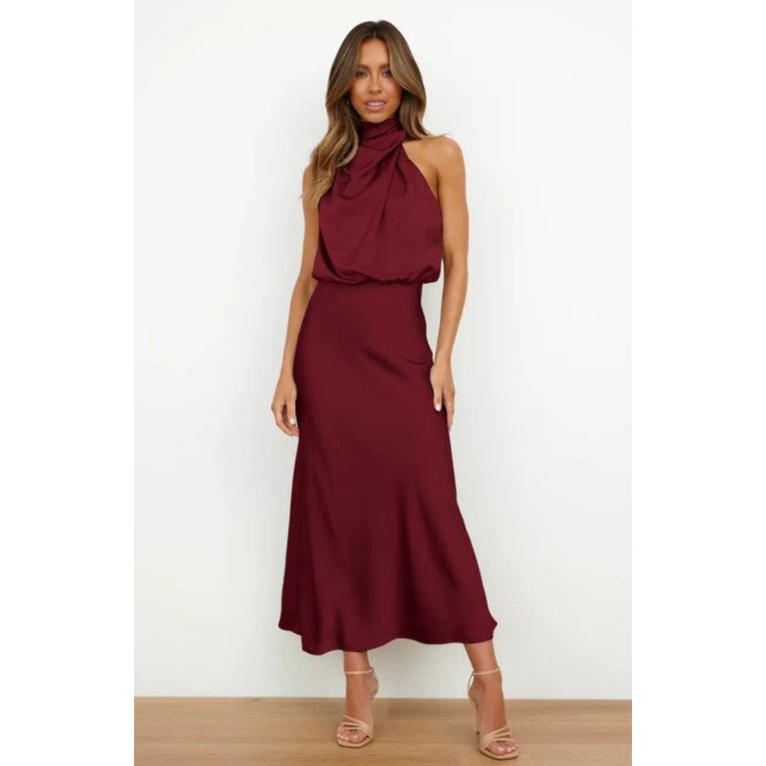 Levoire | Robe D'Invité De Mariage Sans Manches À Col Licou Pour - Femmes - Maxi Rouge Bordeaux