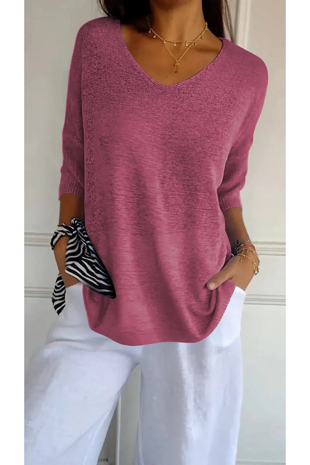 Levoire | Top à col en V pour femmes à manches longues Rose