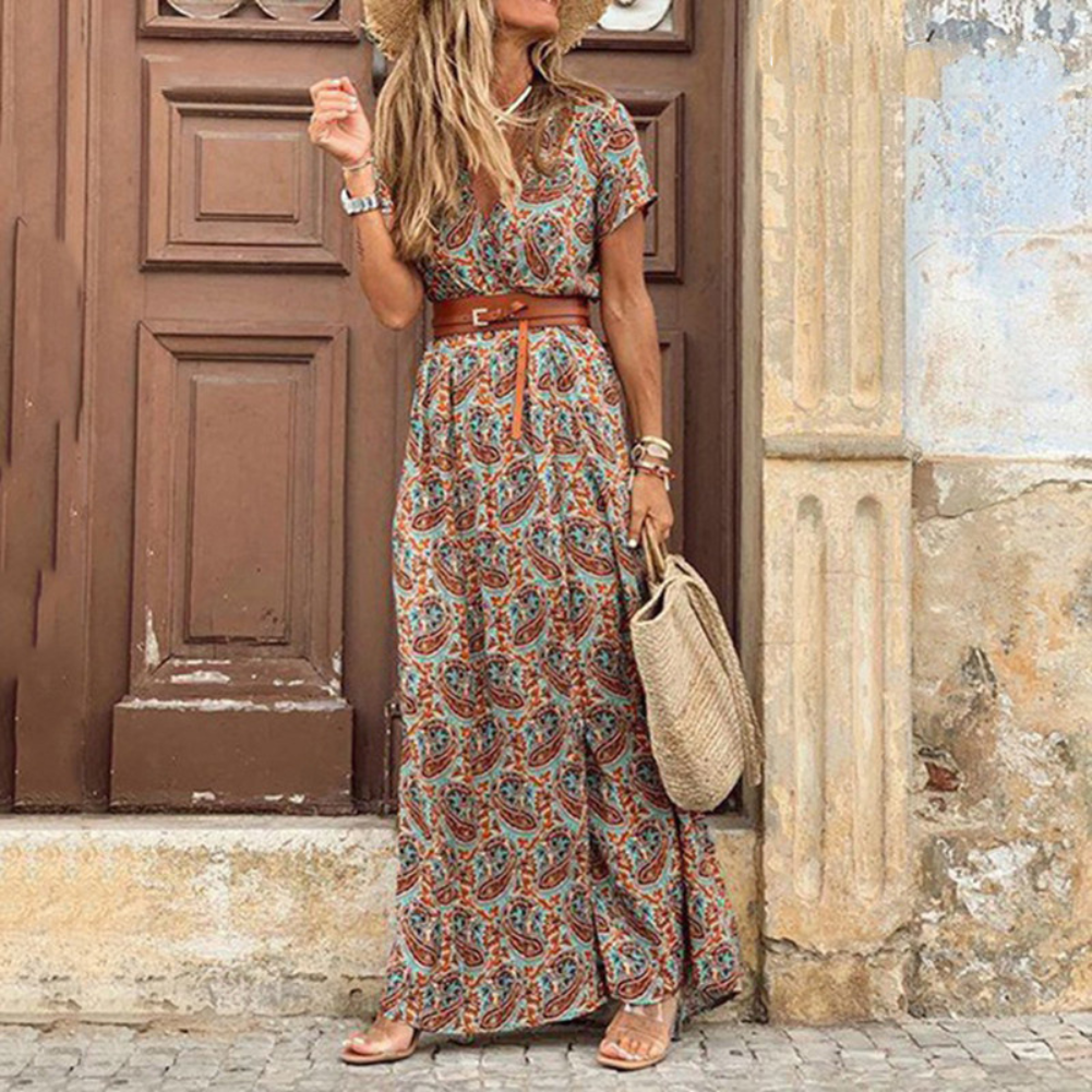 Levoire | Robe Maxi Boho d'été avec décolleté en V à manches courtes Braun