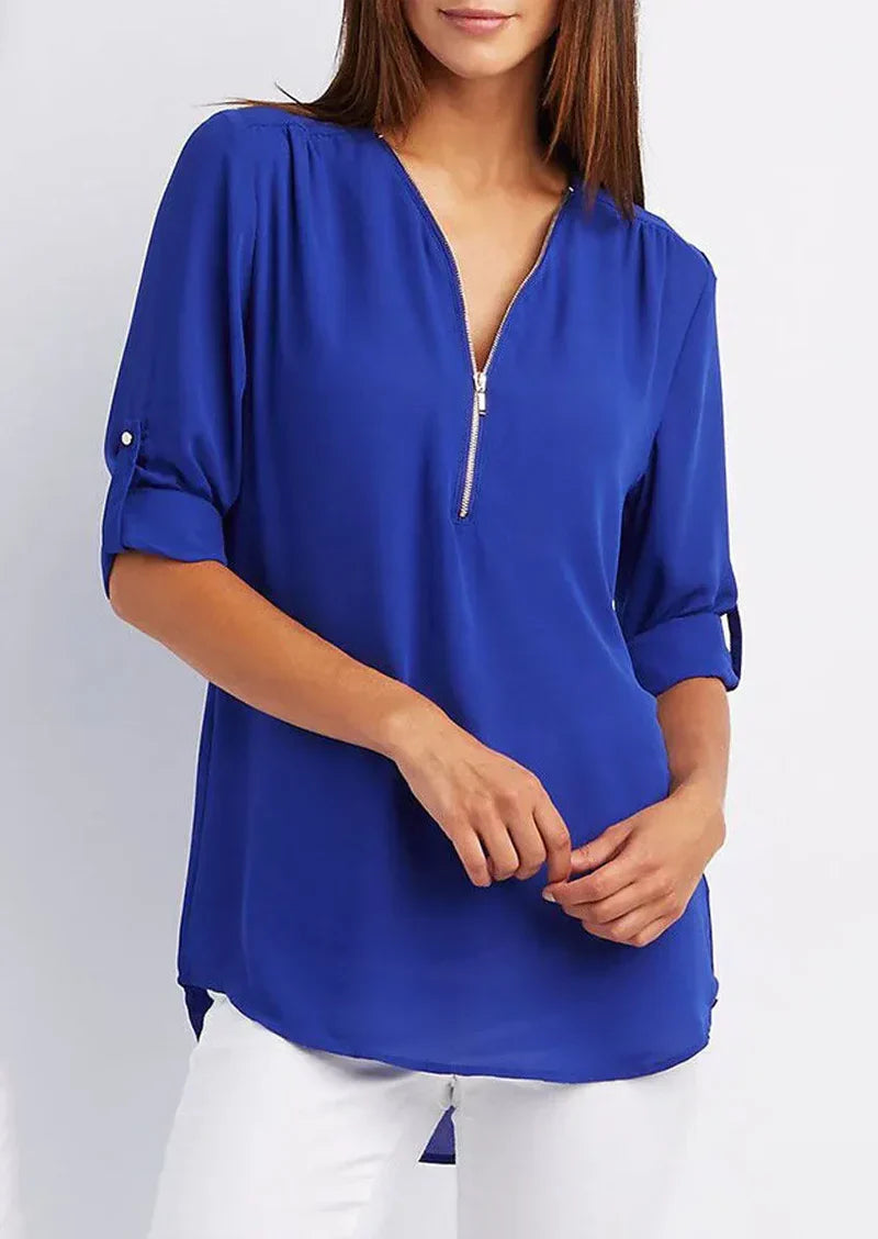 Levoire | Blouse Élégante À Zip Avec Décolleté En V Pour Femmes Bleu