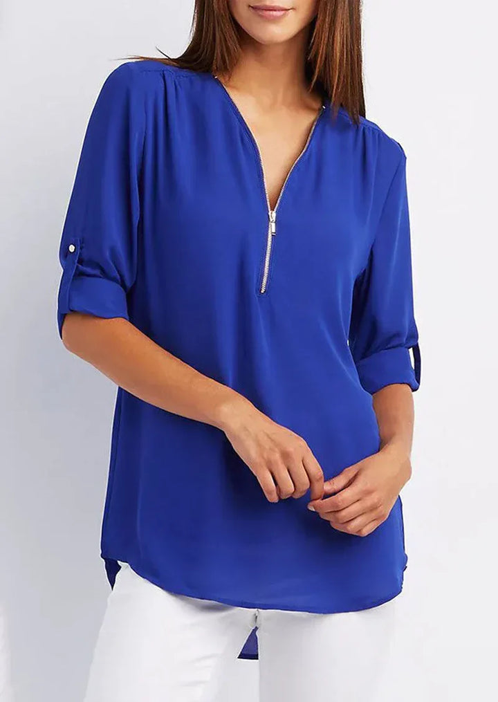 Levoire | Blouse Élégante À Zip Avec Décolleté En V Pour Femmes Bleu
