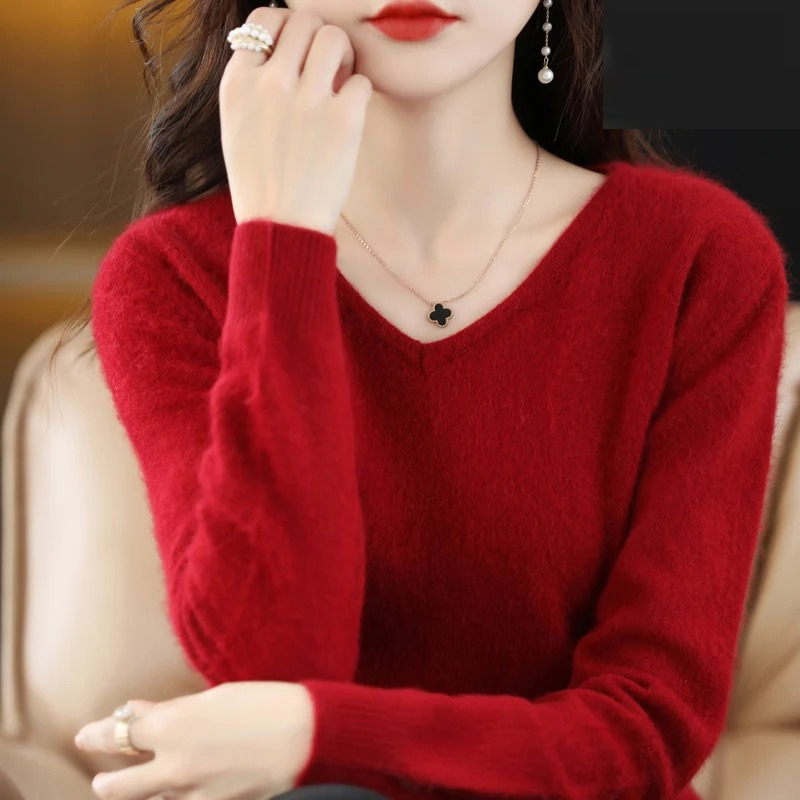 Levoire | Pull en cachemire pour femmes À col en V Léger et doux Rouge foncé