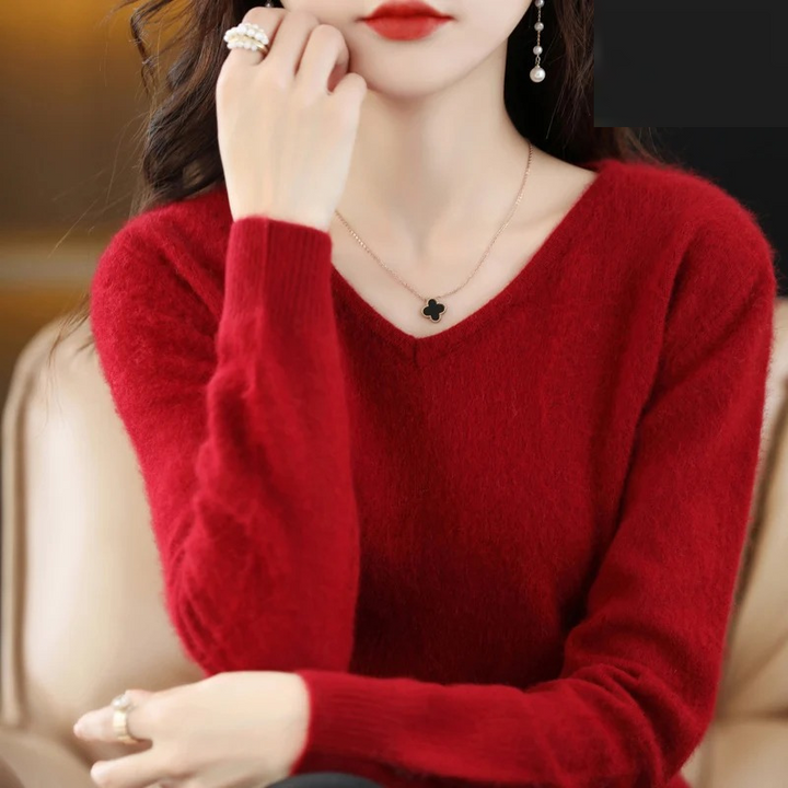 Levoire | Pull en cachemire pour femmes À col en V Léger et doux Rouge foncé