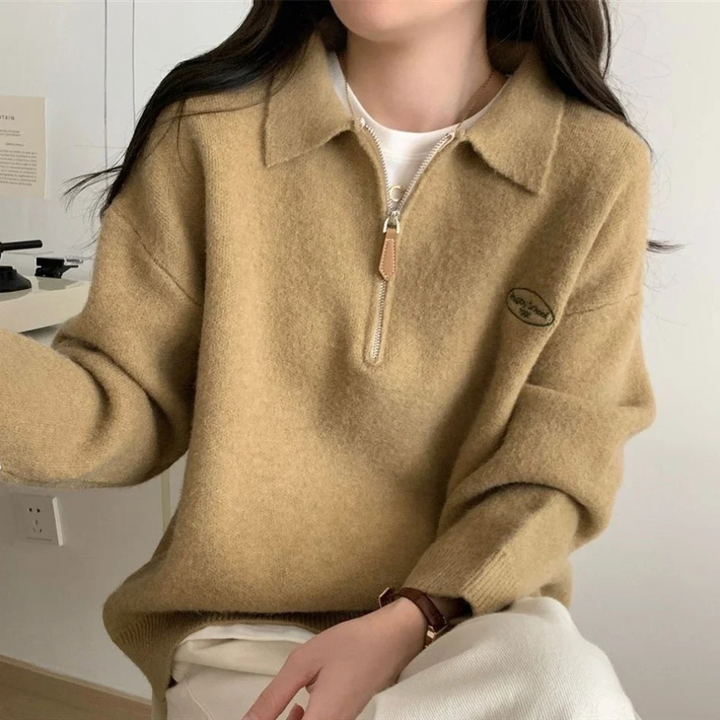 Levoire | Pull femme avec fermeture éclair, tricoté en biais et coupe confortable Braun