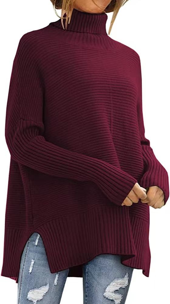 Levoire | Grande Taille Pull À Col Roulé Pour Femmes Tunique D'Automne Confortable Avec Des Manches Larges Rojo Vin