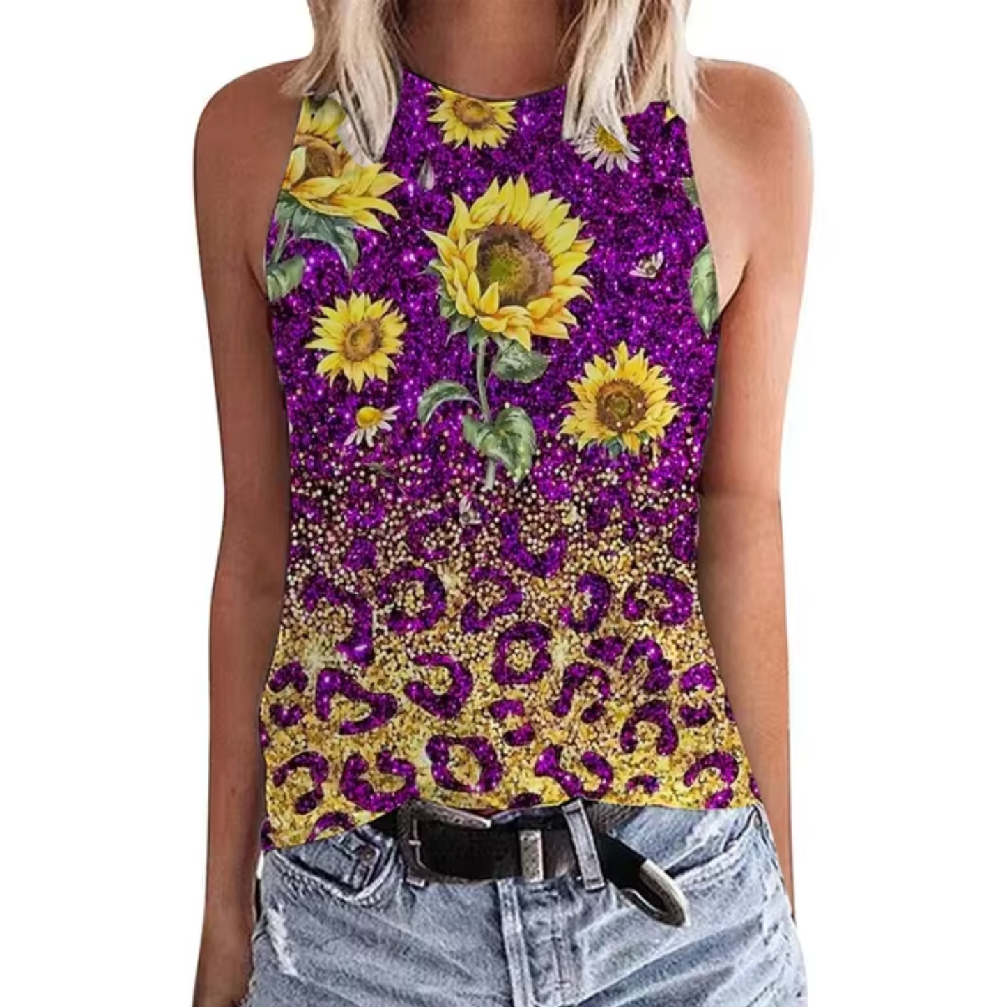 Levoire | T-Shirt Sans Manches Avec Motif De Tournesols Lila Or