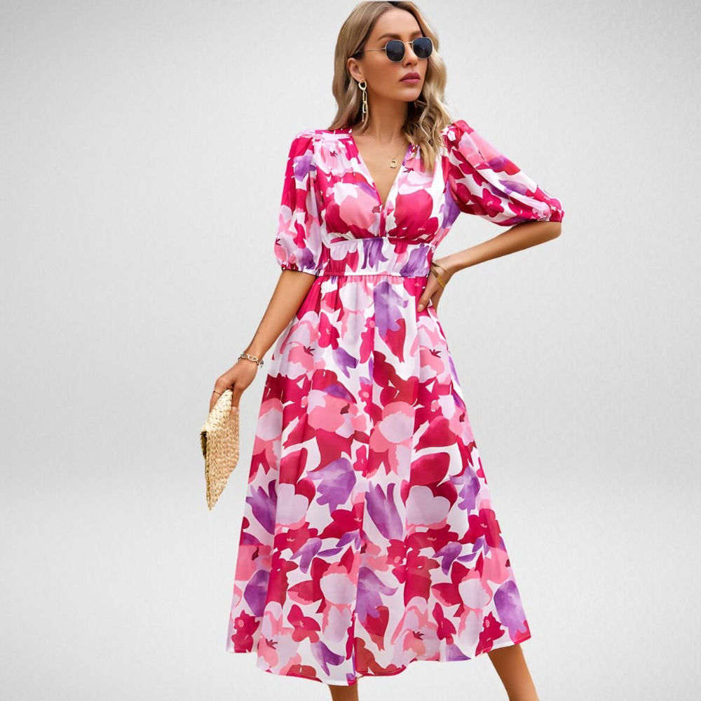 Levoire | Robe Midi Avec Décolleté Remarqué Et Manches Courtes Bouffantes Avec Imprimé Abstrait Rosa