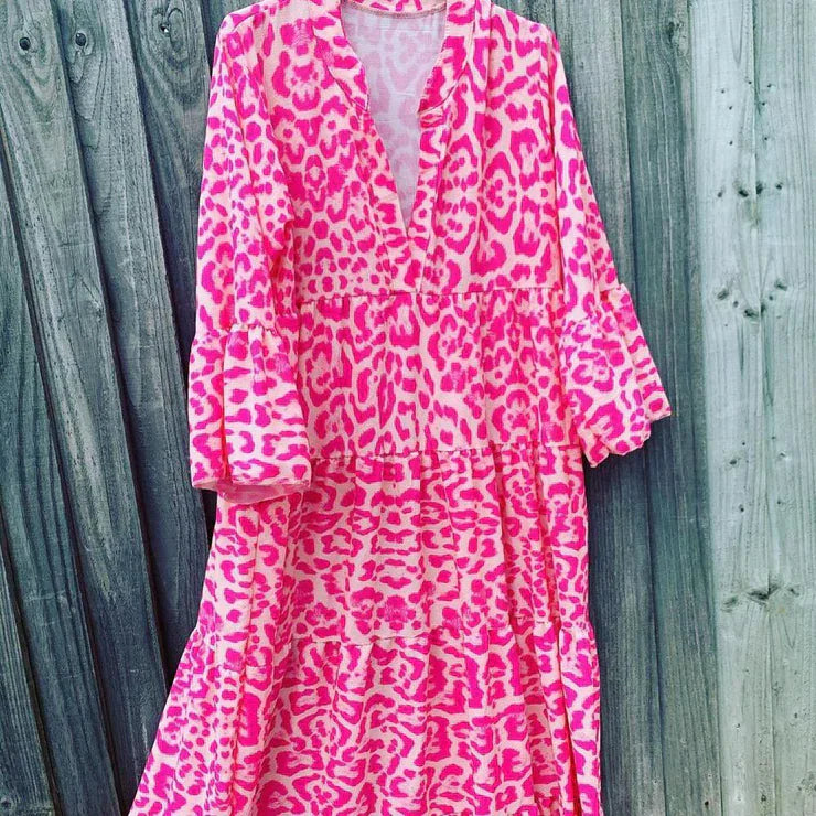 Levoire | Robe Maxi Rose Élégante Avec Motif Léopard