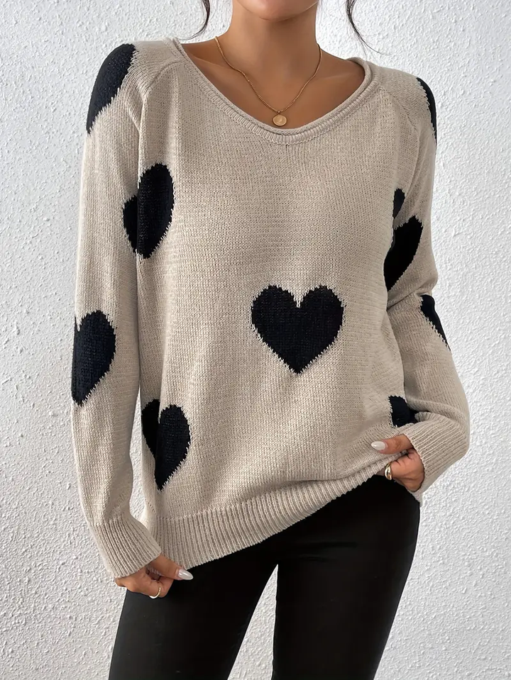 Levoire | Pull À Col En V Pour Femmes Avec Motif En Forme De Cœur Beige