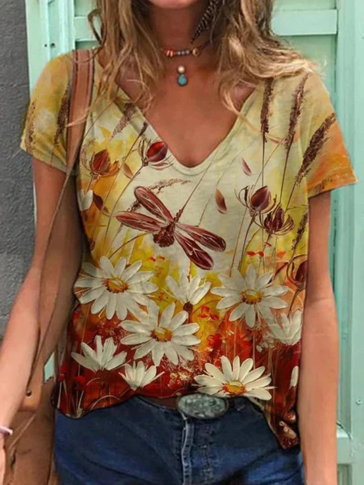 Levoire | Chemise À Col En V Peinture Art Floral Vert