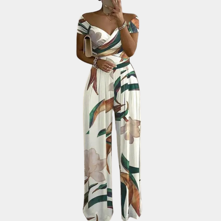 Levoire | Femmes Combinaison Off Shoulder Élégante Combinaison pour Femmes Feuilles blanches