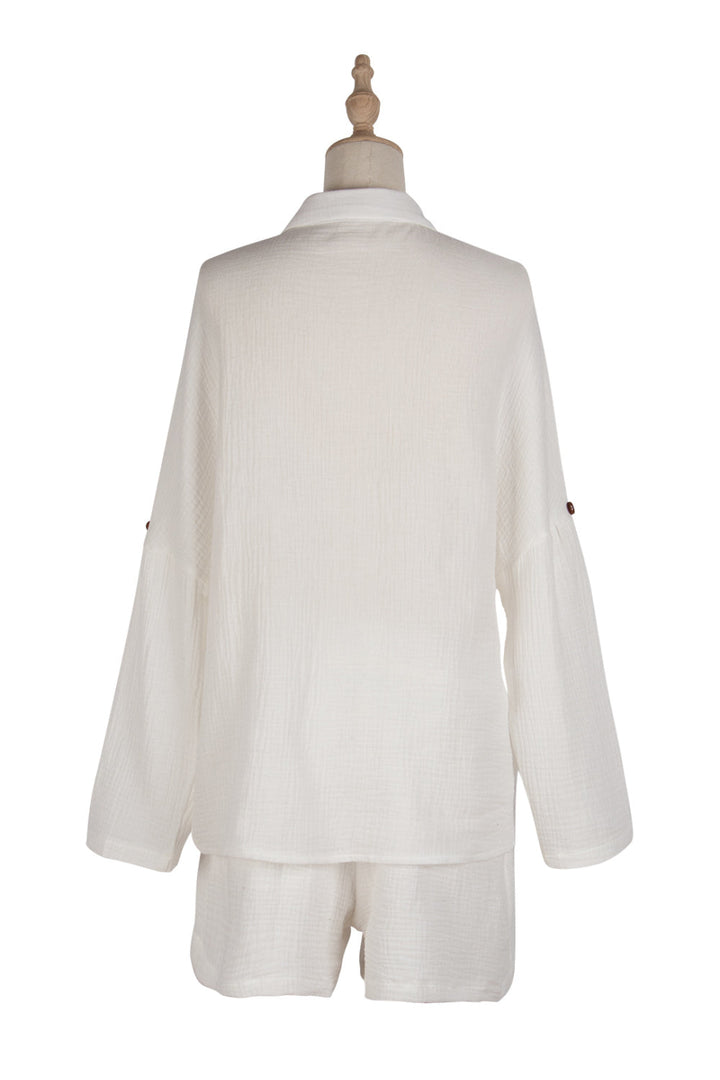 Levoire | Manches longues Short en coton-lin blanc Ensemble de loisirs