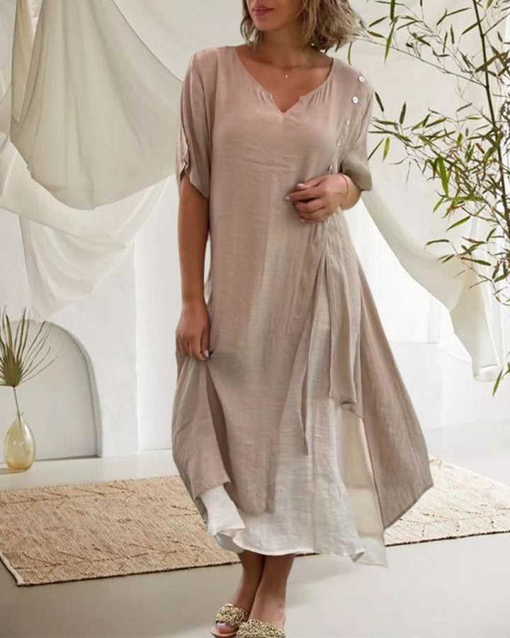 Levoire | Robe À Manches Courtes Et Col En V Pour Un Style Casual Chic Kaki