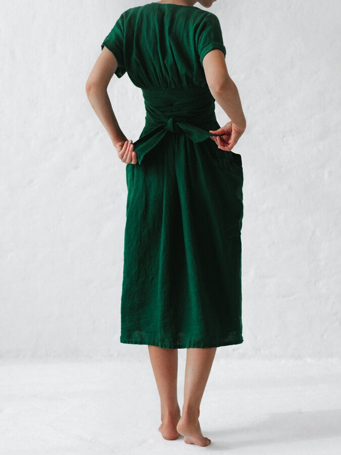 Levoire | Robe midi en lin à nouer avec ceinture pour femmes élégantes