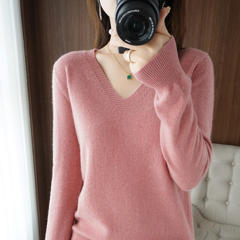 Levoire | Pull Chaud Pour Femmes - Col en V Rose
