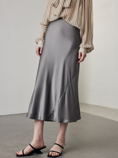 Jupe Mi-Longue Évasée en Mélange de Soie Gris