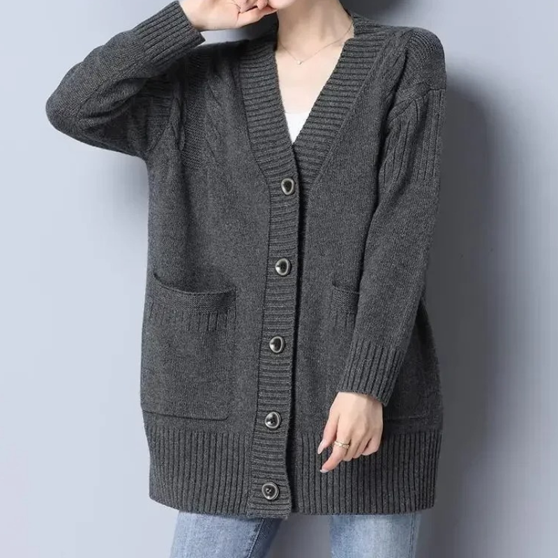 Levoire | Gilet Long Femme Tricoté À Ouverture Devant, Avec Col Et Poches Gris