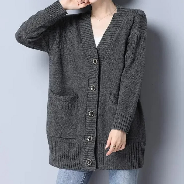Levoire | Gilet Long Femme Tricoté À Ouverture Devant, Avec Col Et Poches Gris
