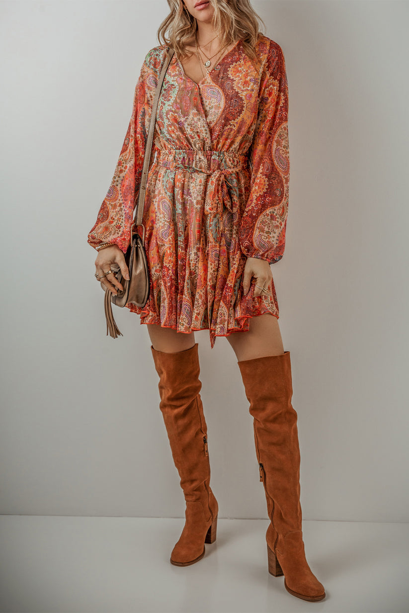 Levoire | Robe Mini Boho Avec Motif Paisley, Manches Longues Et Élégante Ceinture Régulière