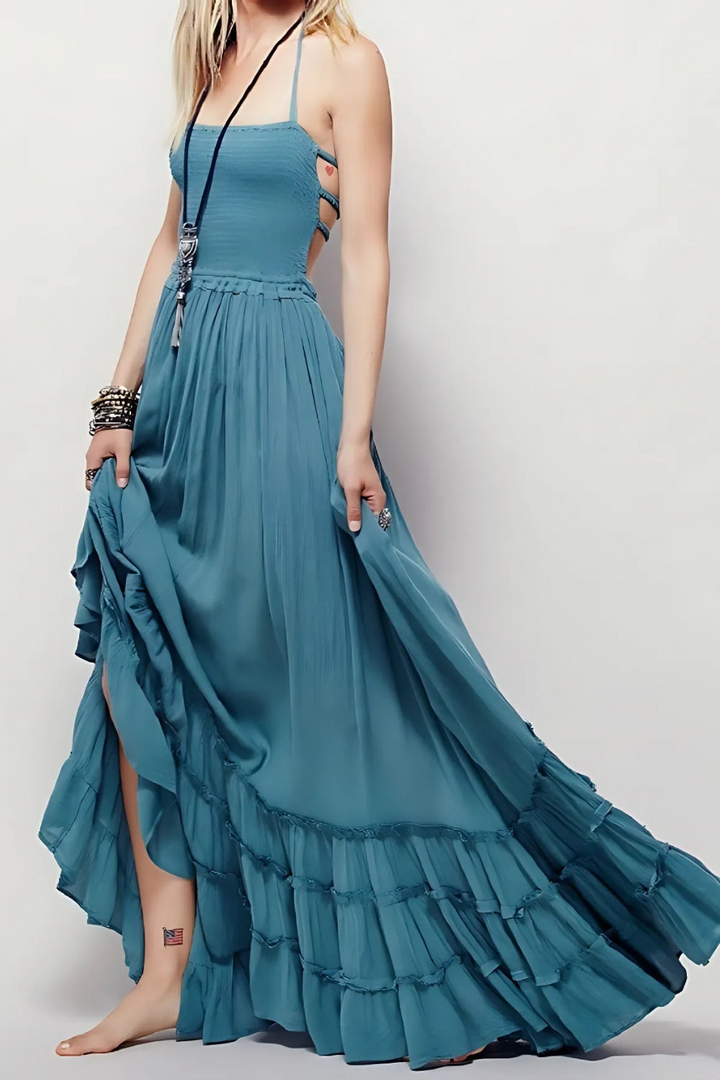 Levoire | Robe Maxi Halter d'été pour femmes avec dos ouvert Bleu