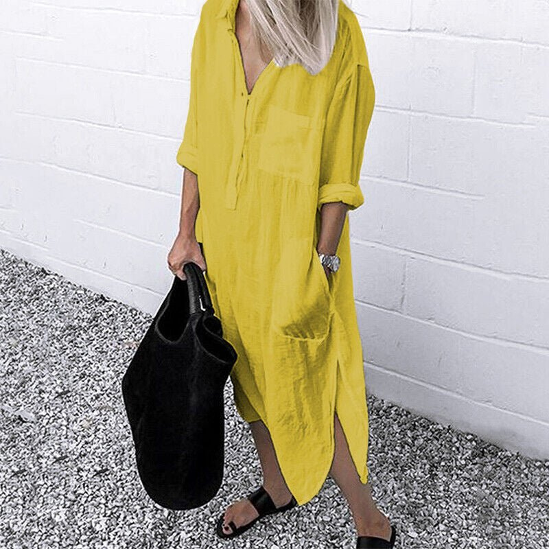 Levoire | Femmes Élégant Robe Chemise Unie Avec Découpe Robe Femme Jaune
