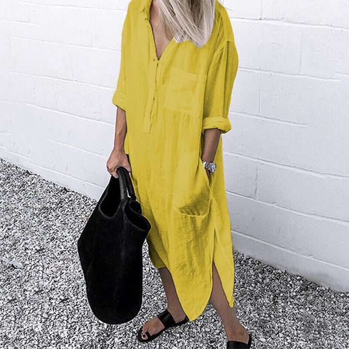Levoire | Femmes Élégant Robe Chemise Unie Avec Découpe Robe Femme Jaune