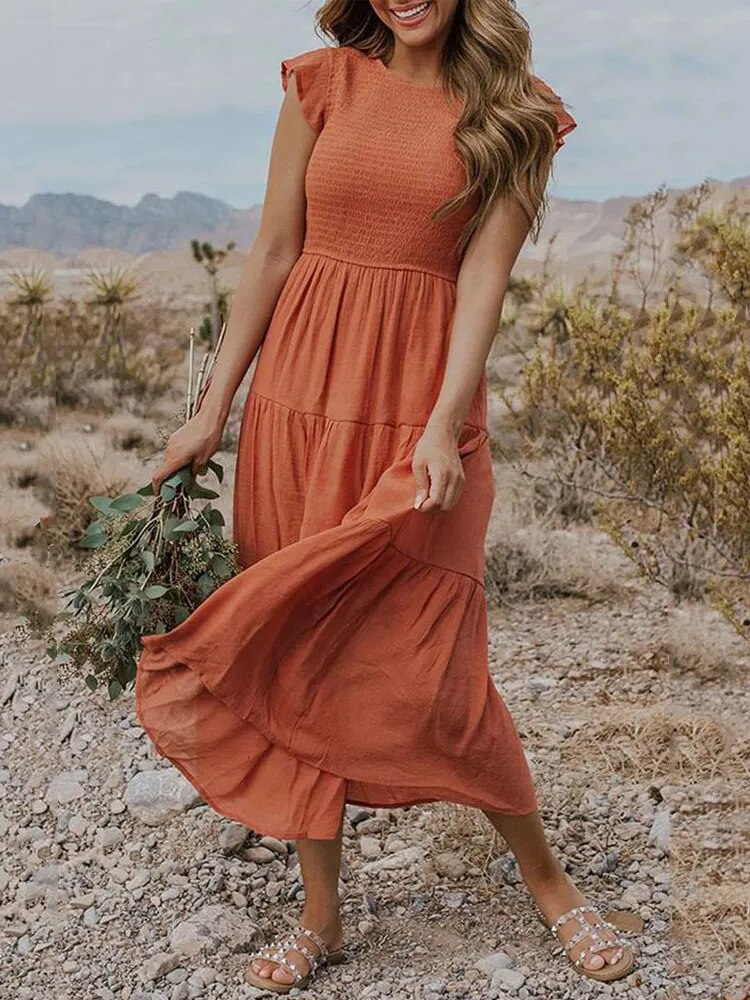 Levoire | Robe midi d'été pour femmes Robe élégante pour femmes avec manches courtes Orange foncé