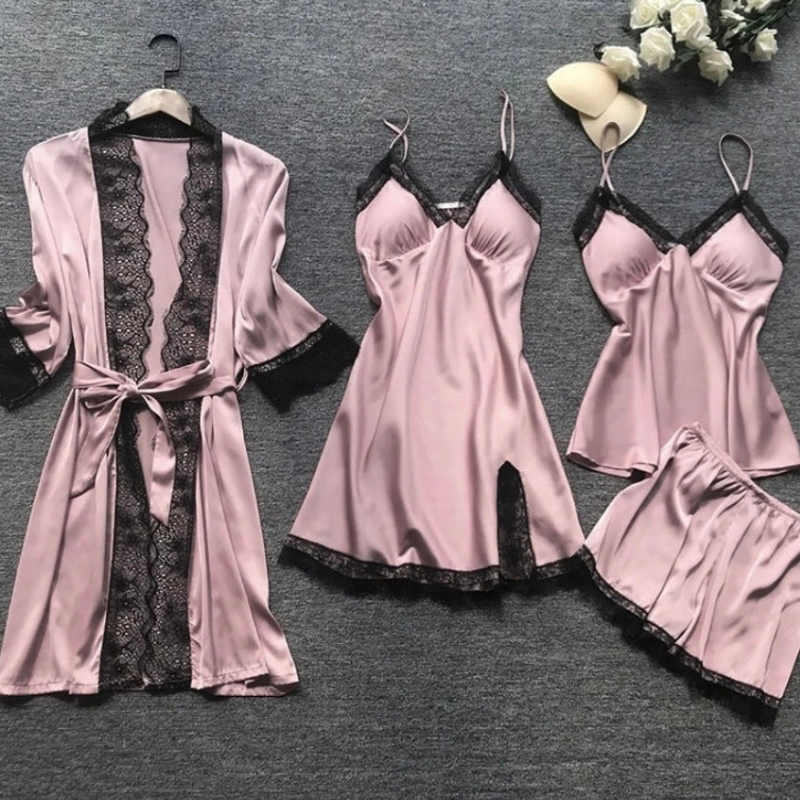 Levoire | Satin Pyjama pour femmes Ensemble 4 pièces Style élégant et raffiné Rosa