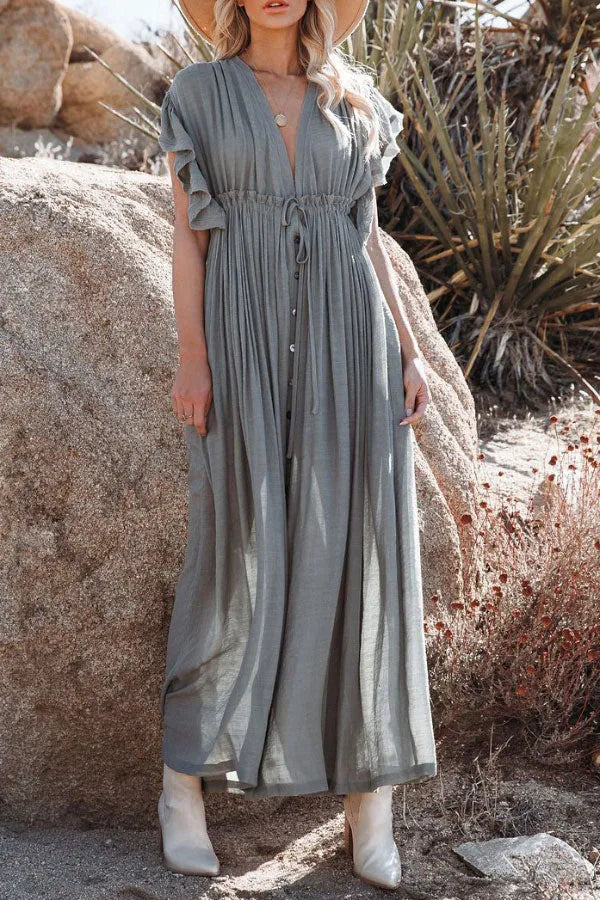 Levoire | Fairy Air Robe à encolure en V et à manches volantées Gris Taille unique
