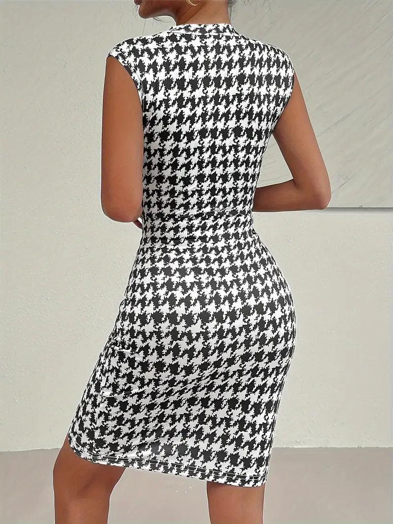 Levoire | Chic Pied-De-Poule Slim Fit Col Montant Robe