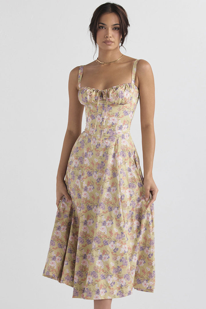 Levoire | Robe fleurie à bretelles pour femmes intemporelle Jaune Violet Blanc