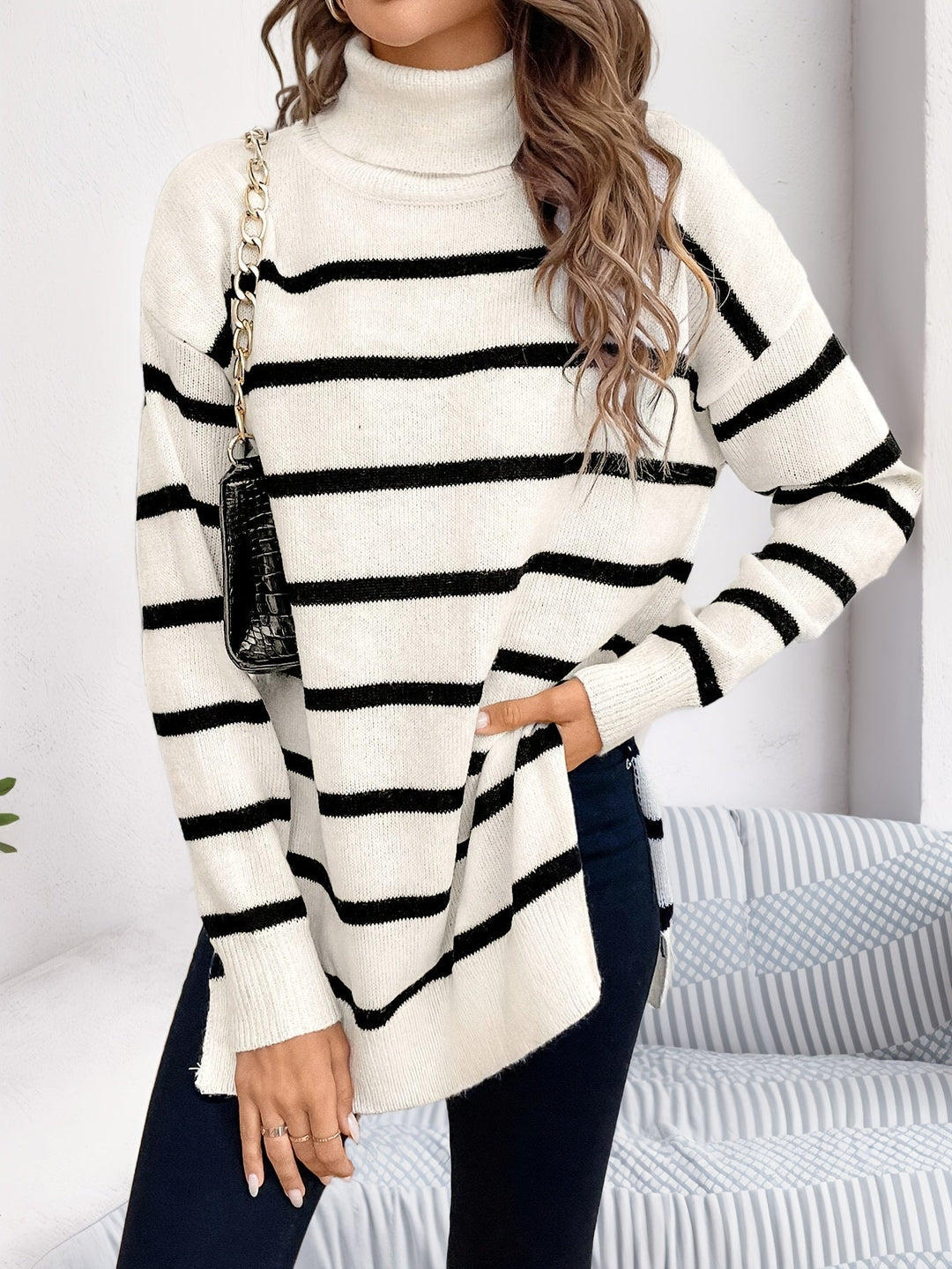 Levoire | Pull Col Roulé Rayé à Manches Longues Plus Chaud Blanc