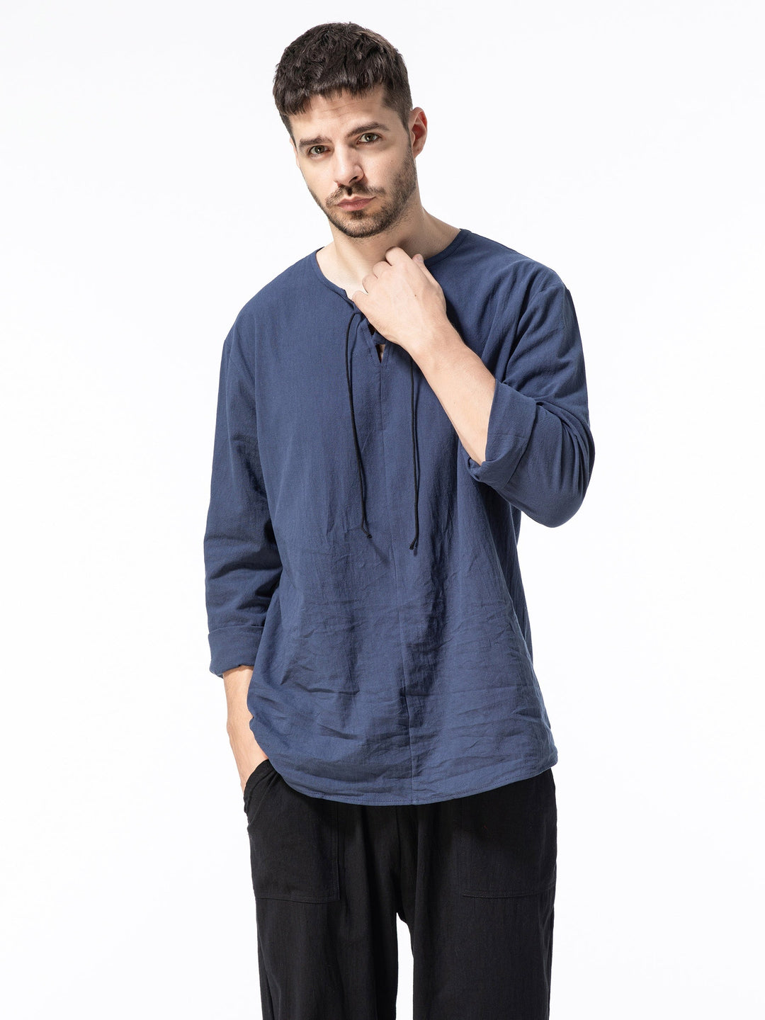 Levoire | T-Shirt Henley À Manches Longues En Mélange Coton-Lin Printemps/Automne