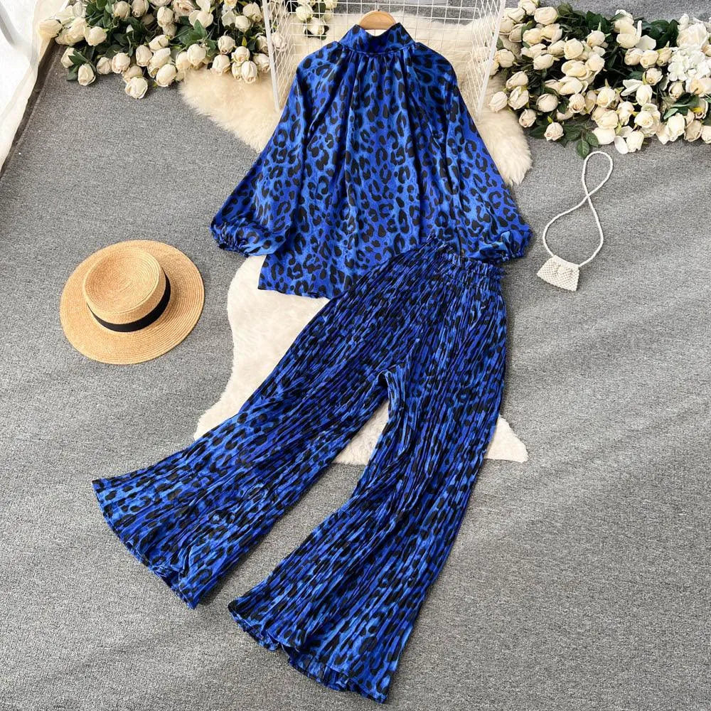 Levoire | Série de deux parties de pantalons larges et plissés pour femmes Tigre léopard bleu Taille libre
