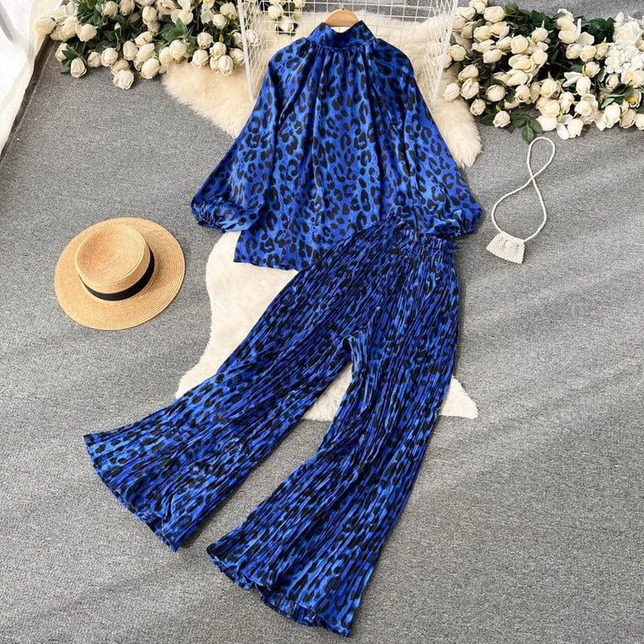 Levoire | Série de deux parties de pantalons larges et plissés pour femmes Tigre léopard bleu Taille libre