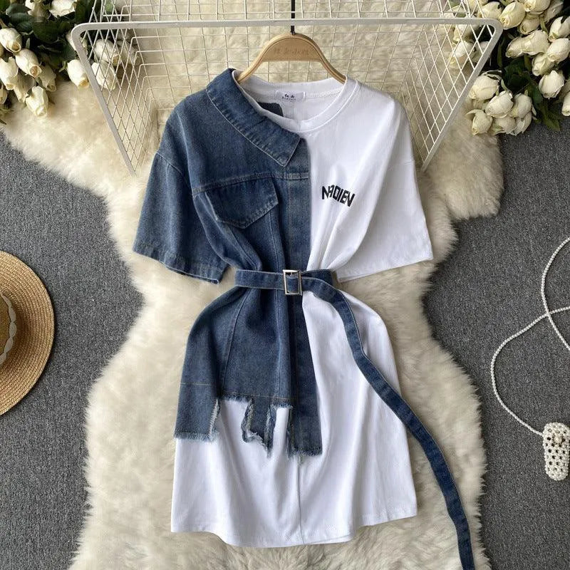 Levoire | Robe en denim patchwork à encolure ronde Blanc Une taille