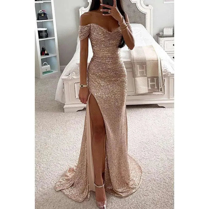 Levoire | Robe à encolure ronde avec des paillettes pour les fêtes Champagne