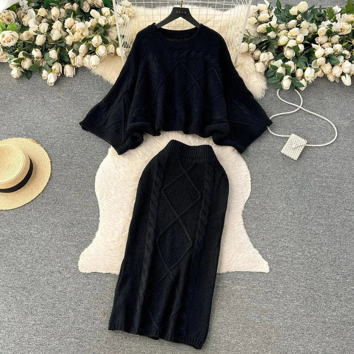 Levoire | Ensemble femme deux pièces en tricot dans un style français décontracté Noir Taille moyenne