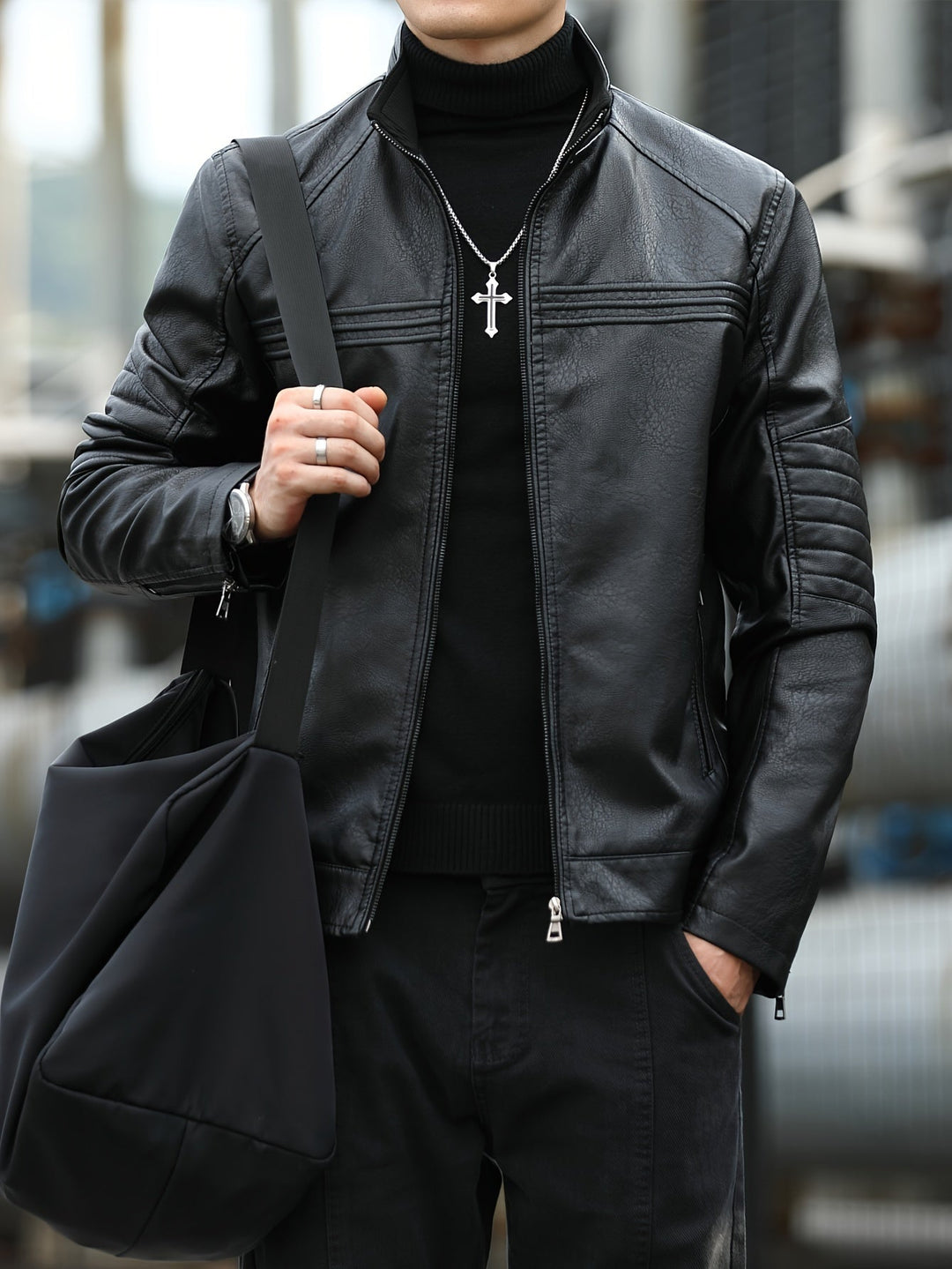 Levoire | Rento Cuir Synthétique Veste Pour Hommes Avec Poches Zippées Noir