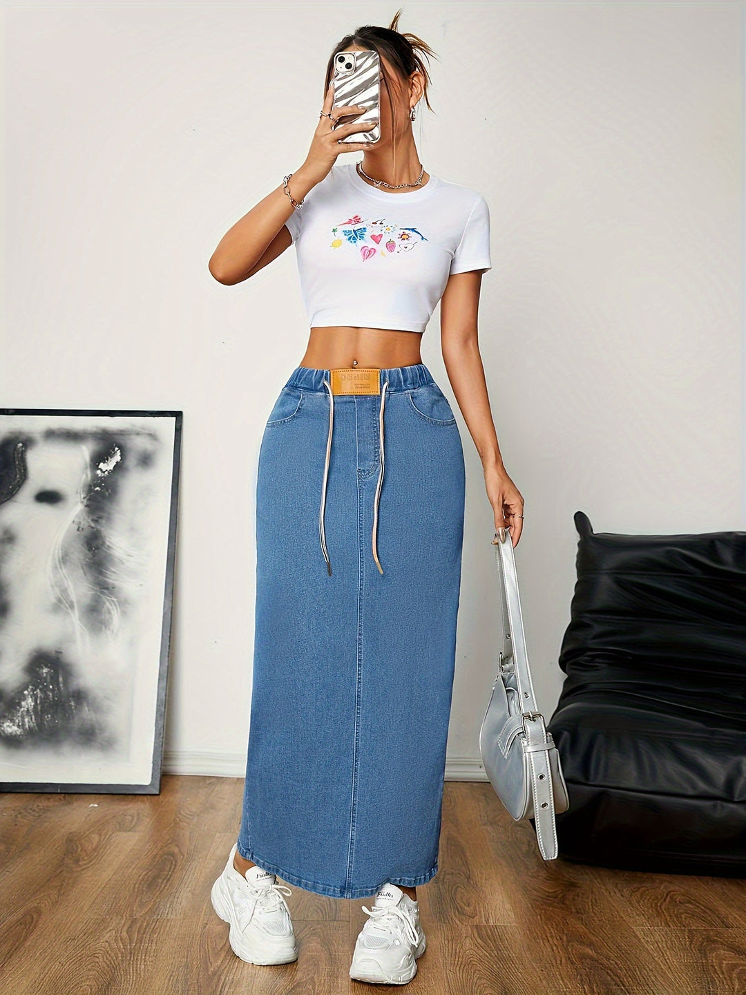 Levoire | Pestitty Bleu Jupe Maxi Dénim A Taille Élastique Et Fente Au Dos Bleu nuit