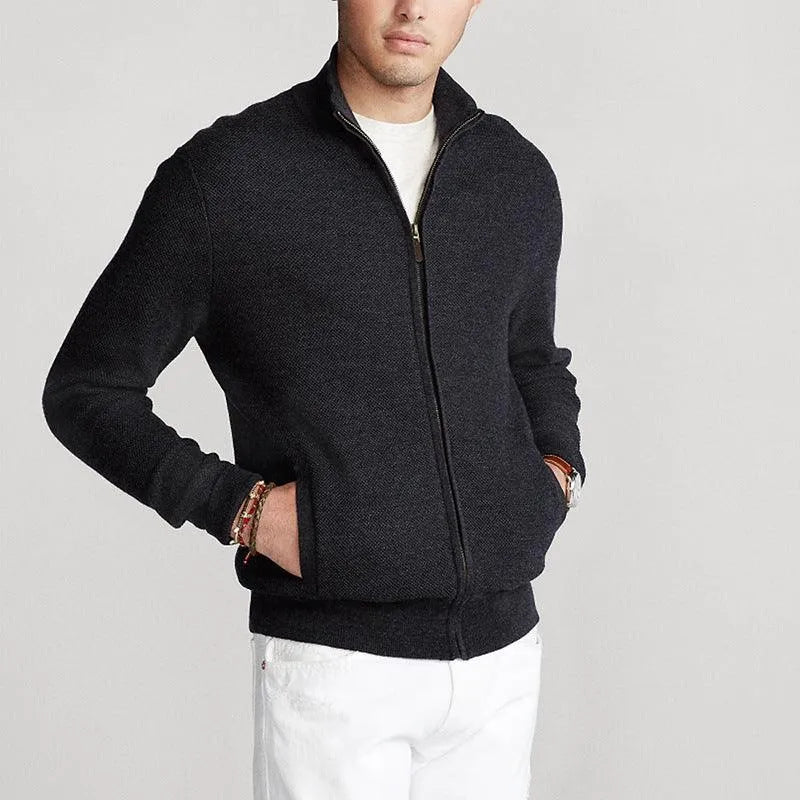 Levoire | Pull-over en laine à zip pour hommes Slim-Fit uni