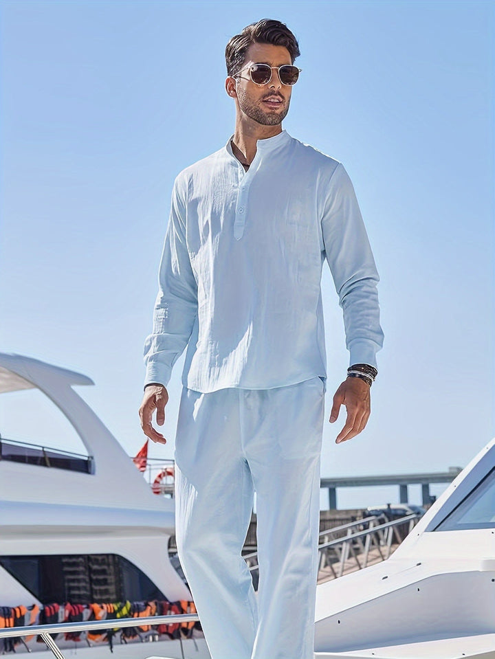 Levoire | T-Shirt Henley Homme Style Rétro À Manches Longues Uni Ciel bleu