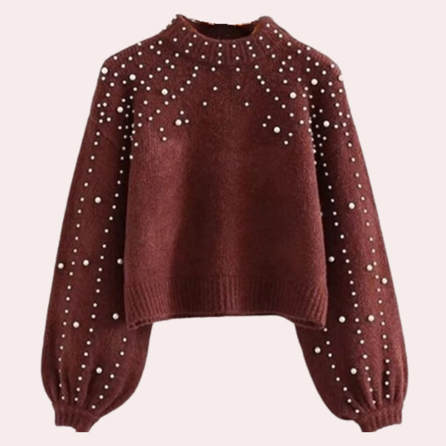 Levoire | Pull-Femme-Élégant-Avec-Col-Rond-Et-Décoration-En-Perles Rouge vin