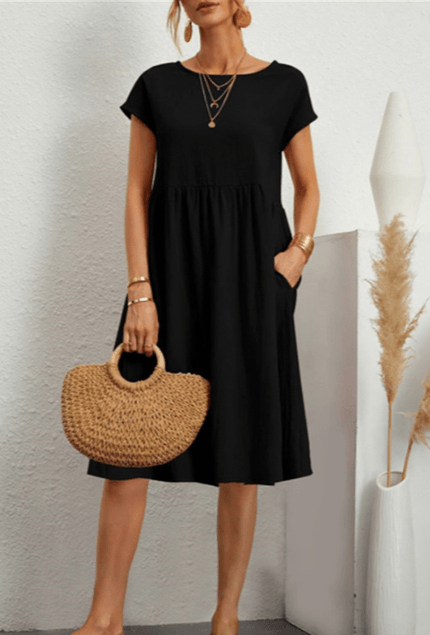 Levoire | Coton Lin Robe Midi À Manches Courtes Noir
