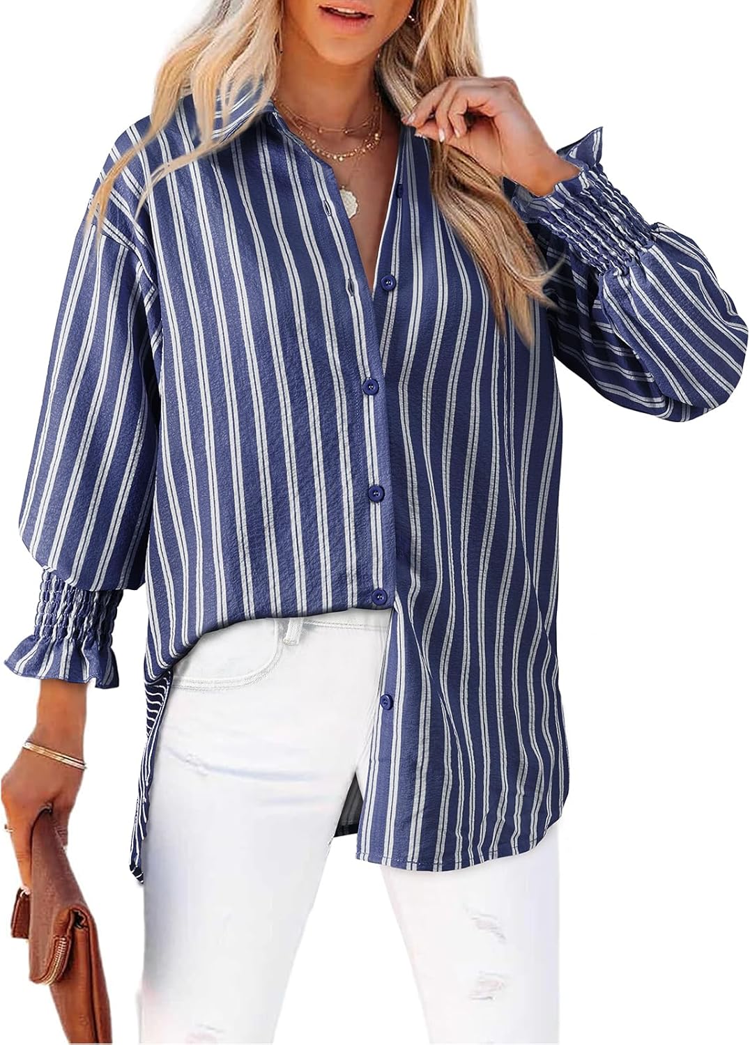 Levoire | Chemise Rayée À Boutons Pour Femmes Bleu