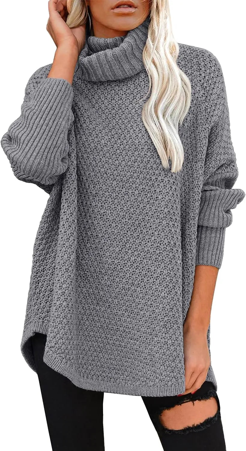 Levoire | Femme Grande Taille Col Montant Manches Longues Loisirs Pull Tricot Tunique Sweat-Shirt Gris