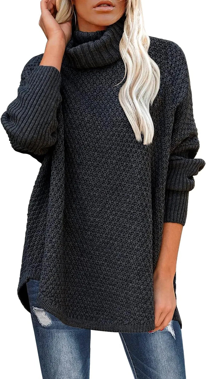 Levoire | Femme Grande Taille Col Montant Manches Longues Loisirs Pull Tricot Tunique Sweat-Shirt Noir