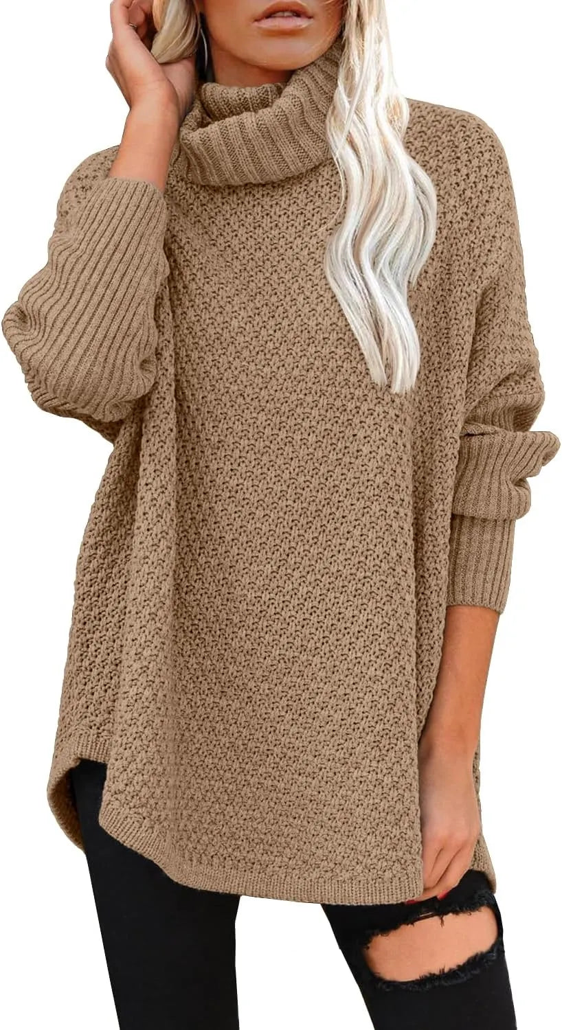 Levoire | Femme Grande Taille Col Montant Manches Longues Loisirs Pull Tricot Tunique Sweat-Shirt Beige