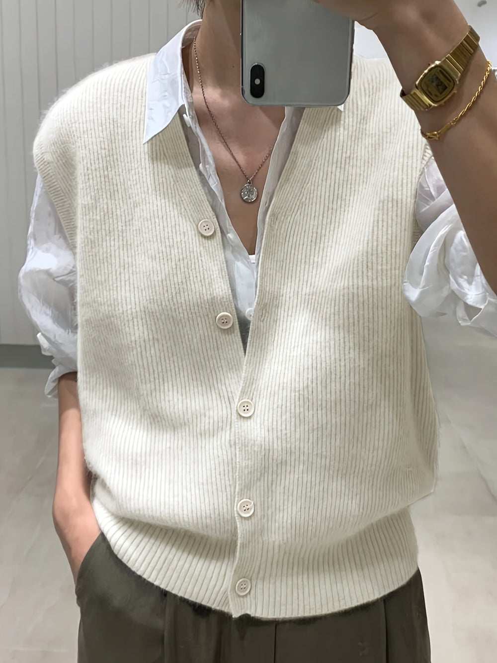Levoire | Col Bouton-Devant Gilet En Tricot Pour Femmes Livia Blanc