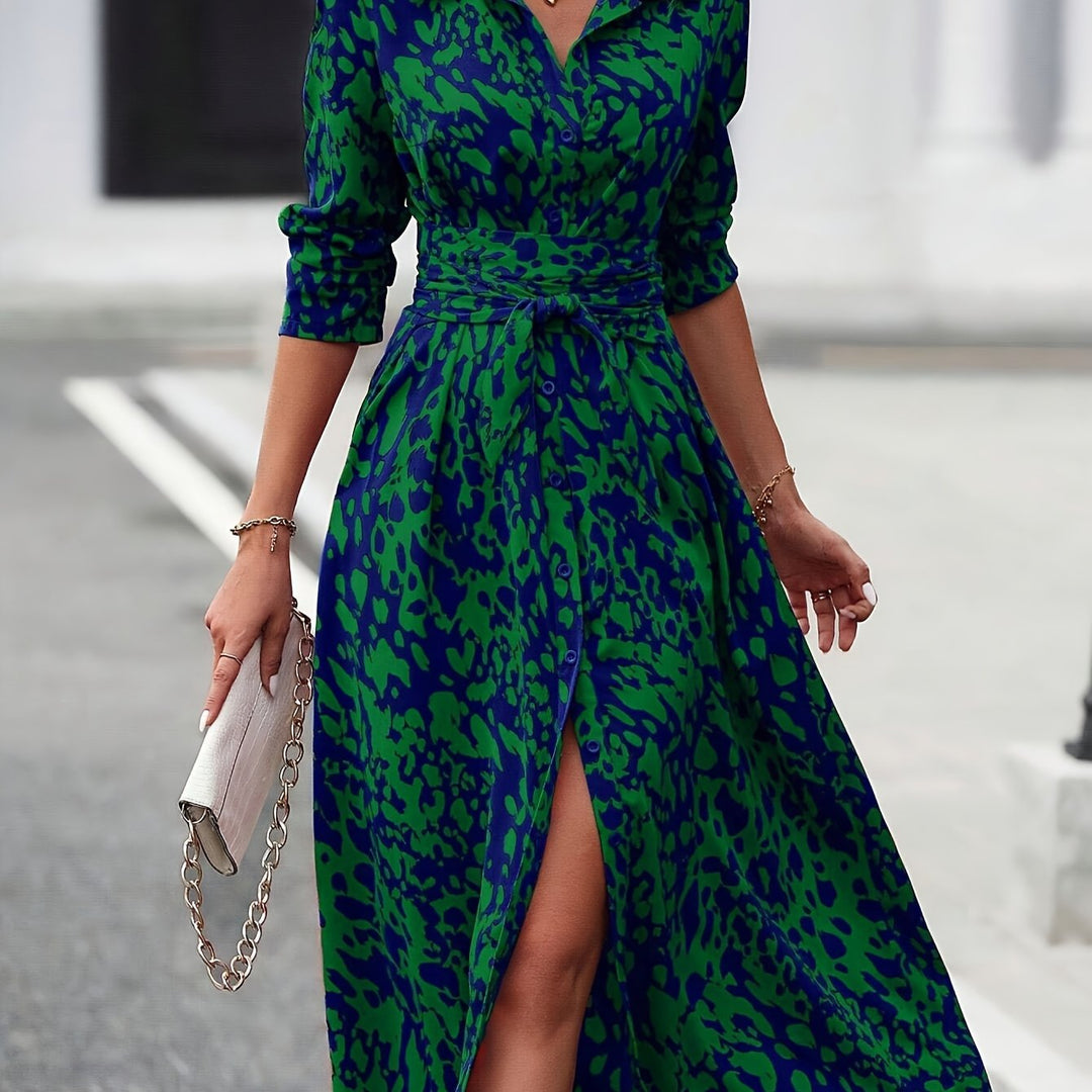 Levoire | Élégante Robe À Boutons À Manches Longues Avec Impression Intégrale